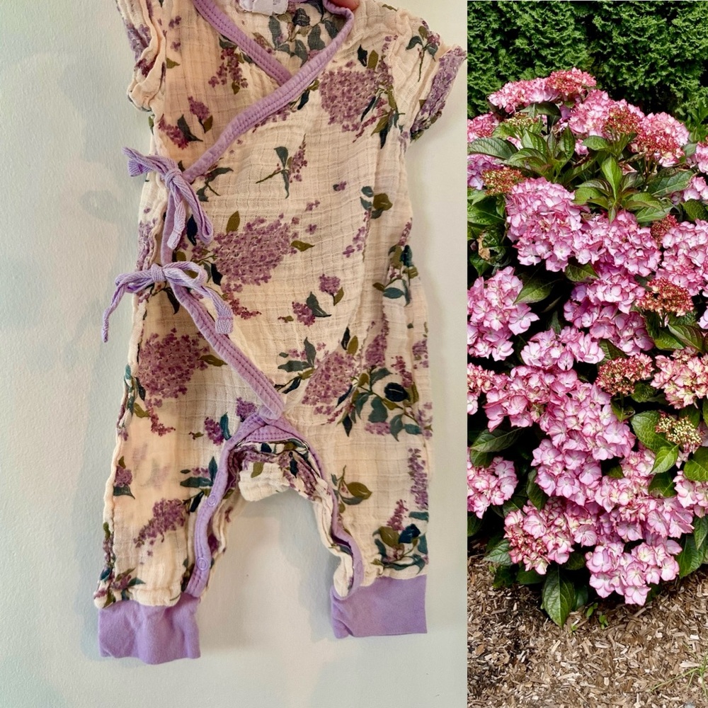 Angel Dear Hydrangea Print Muslin Baby Romper, Kimono